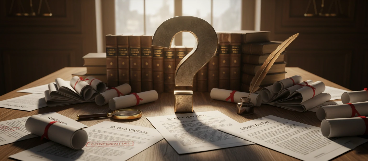 Question mark surrounded by legal contract documents