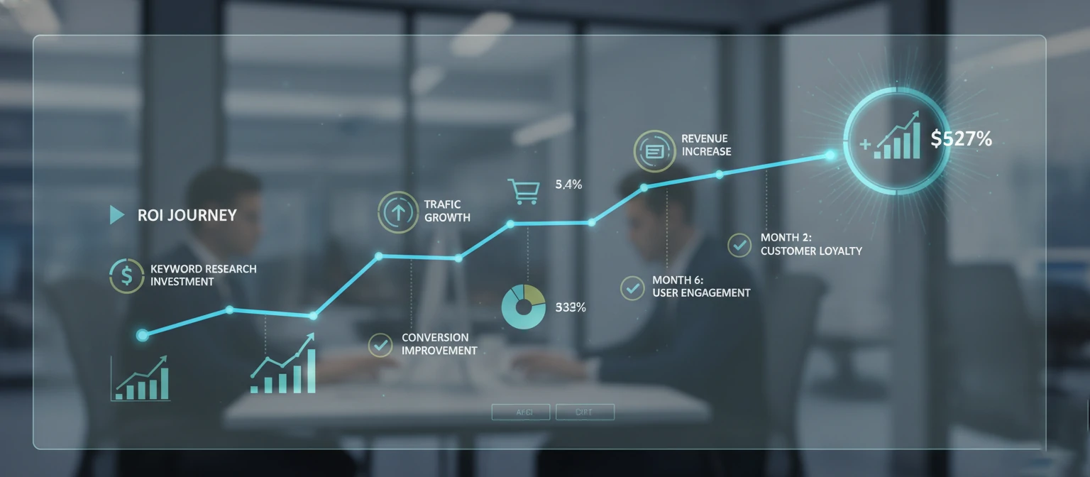ROI visualization showing the journey from keyword research investment to traffic