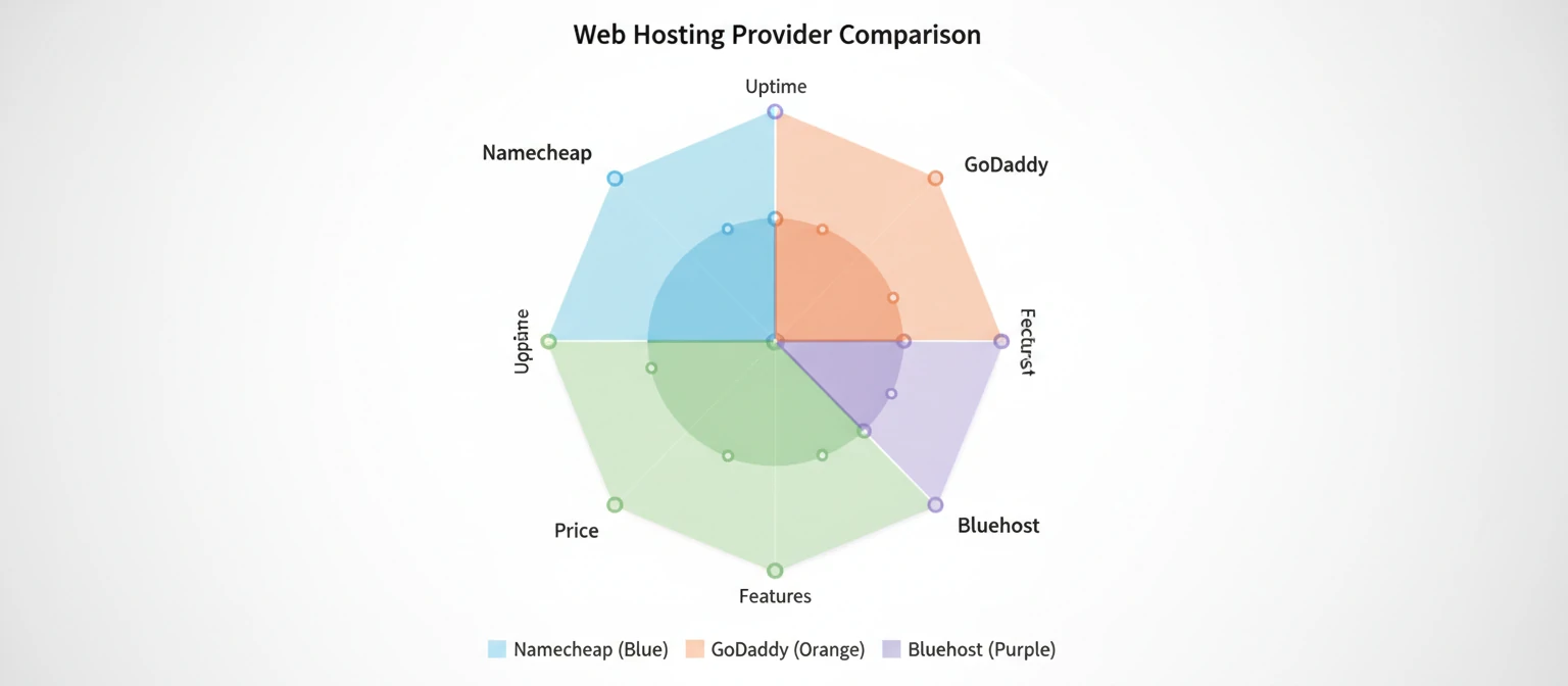 Radar chart comparing Namecheap with GoDaddy, HostGator, and Bluehost on factors