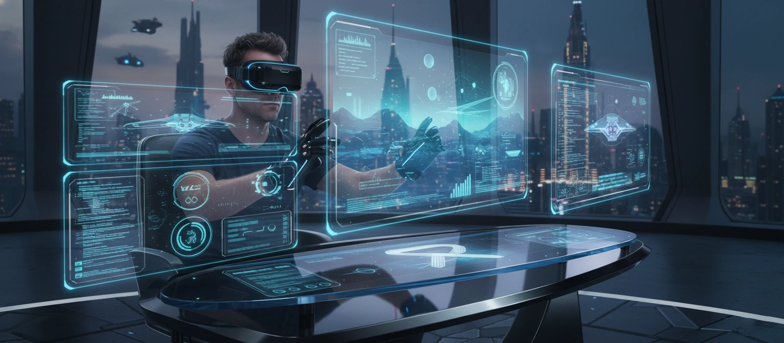 Robert wearing VR goggles while editing on a futuristic setup with holographic displays