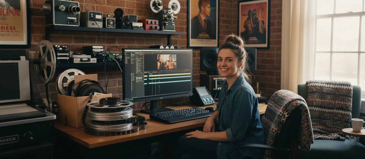 Sarah in a cozy editing room with vintage film reels and modern equipment, conveying a blend of tradition and innovation