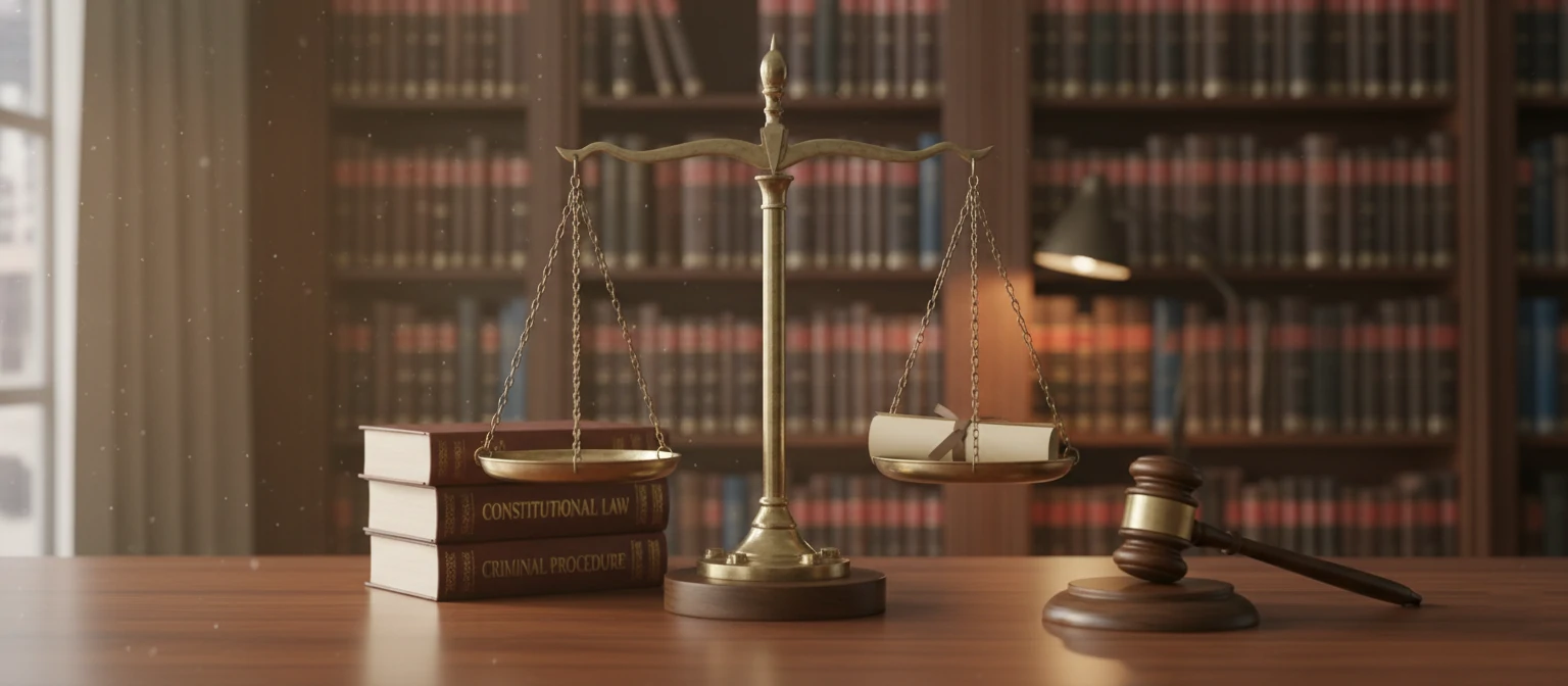 Scales of justice balanced with law books in background