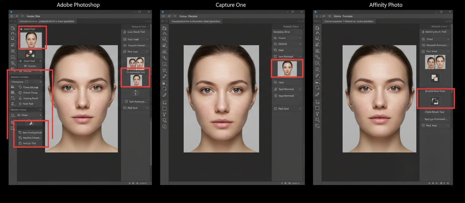 Screenshot collage showing the interfaces of Adobe Photoshop, Capture One, and Affinity Photo side by side