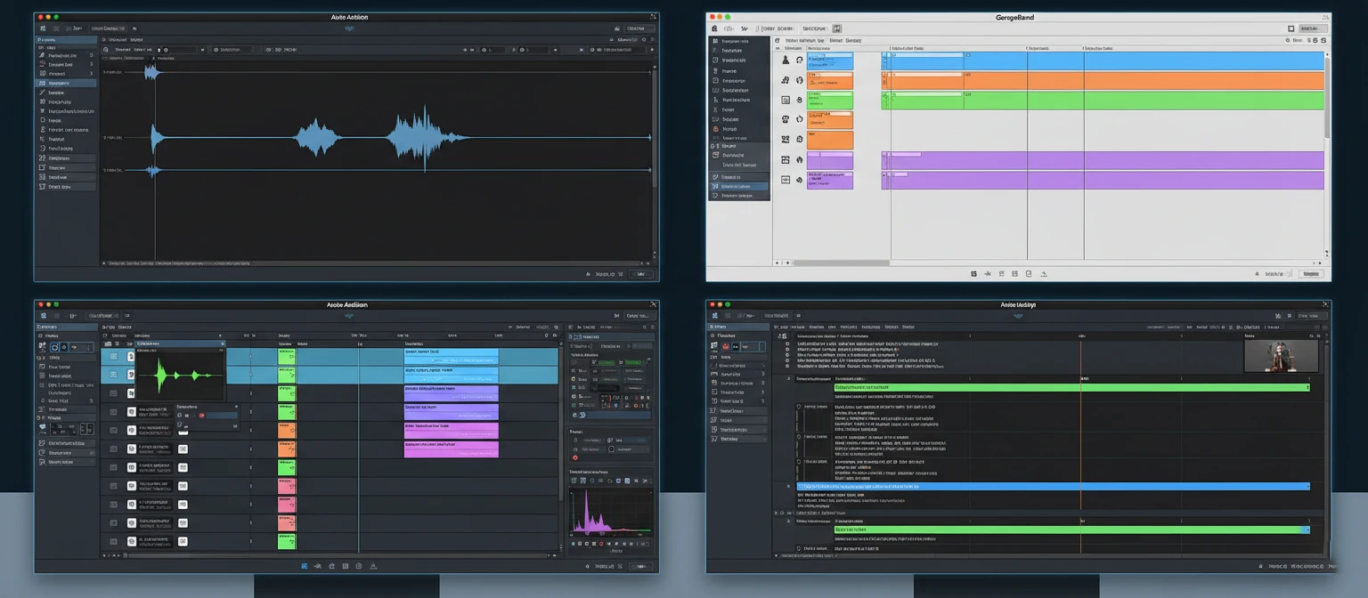 Screenshot collage showing the interfaces of Audacity, GarageBand, Adobe Audition, and Descript side by side