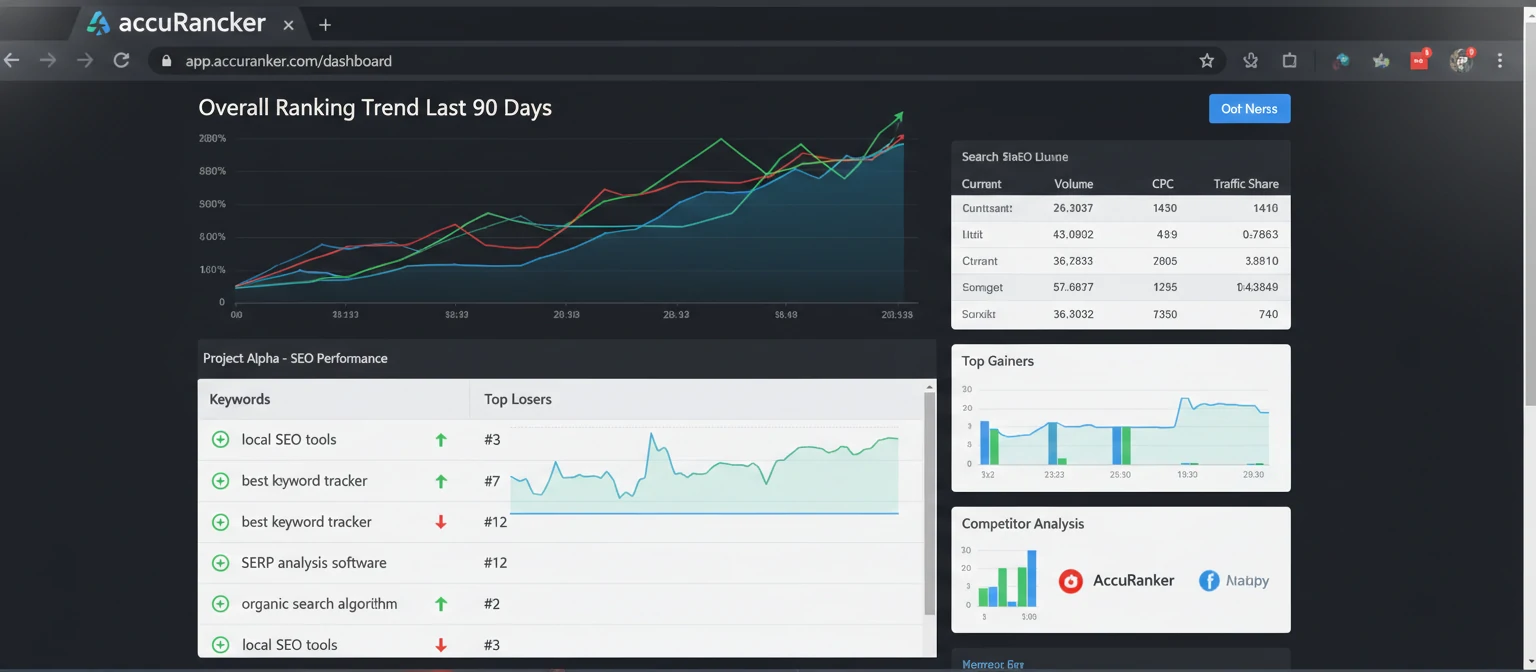 Screenshot of AccuRanker dashboard showing keyword rankings and trends