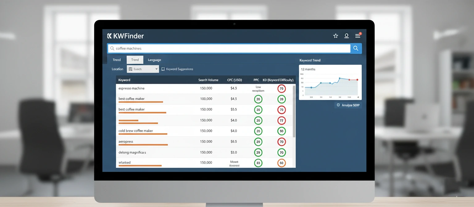Screenshot of KWFinder's user dashboard showing keyword research interface