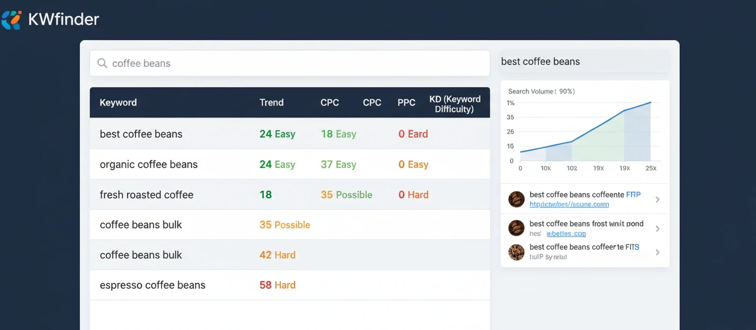 Screenshot of KWfinder interface showing keyword suggestions and difficulty scores