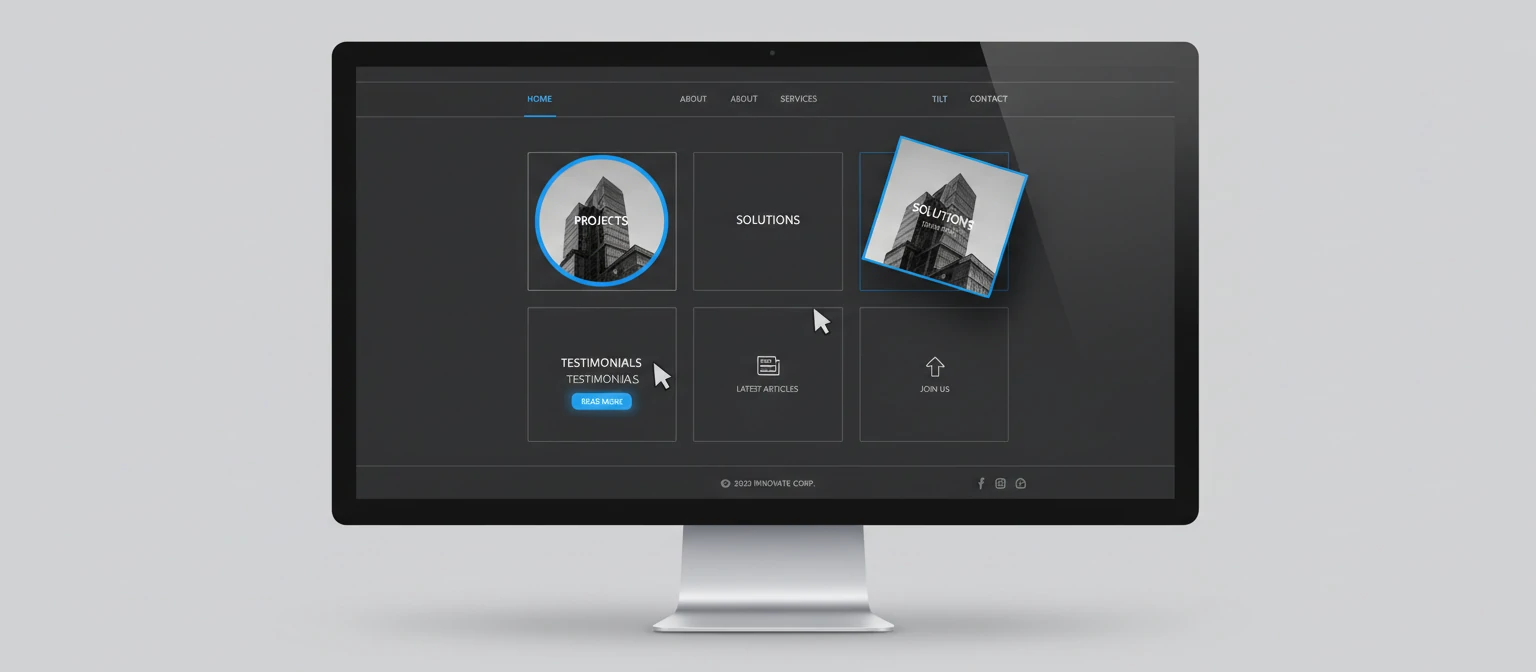 Screenshot of a modern website showcasing various hover effects on buttons and images