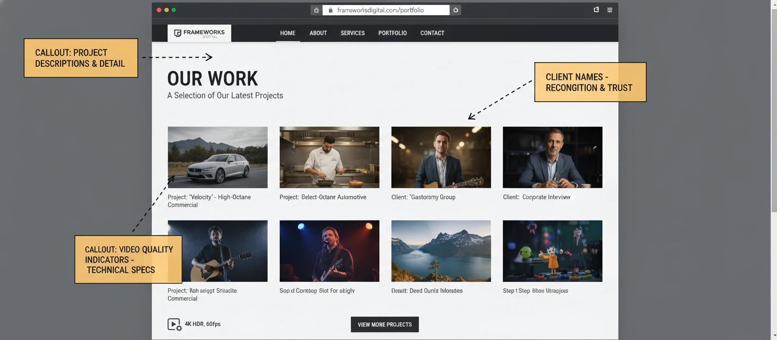 Screenshot of a video production company portfolio page with callouts highlighting key elements to evaluate