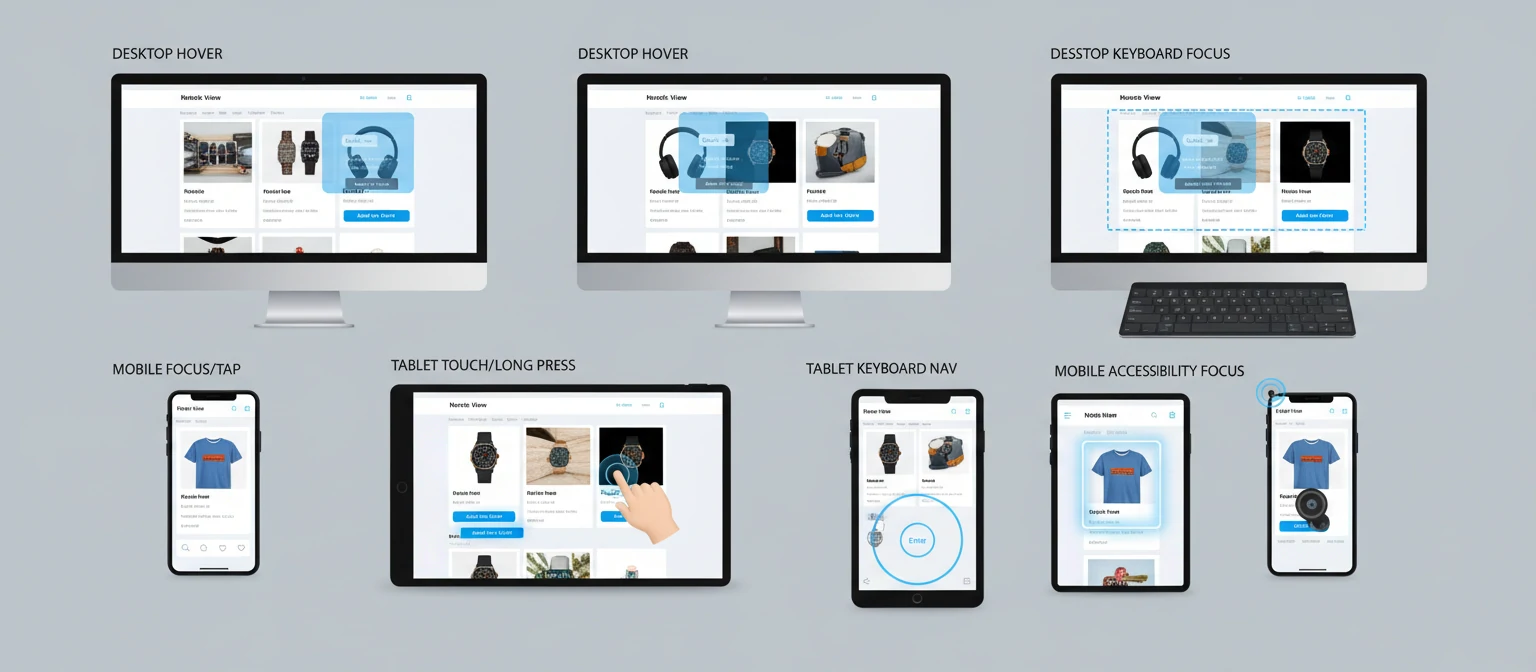 Screenshots of hover effects on different devices (desktop, tablet, mobile) showing how they adapt or provide alternatives