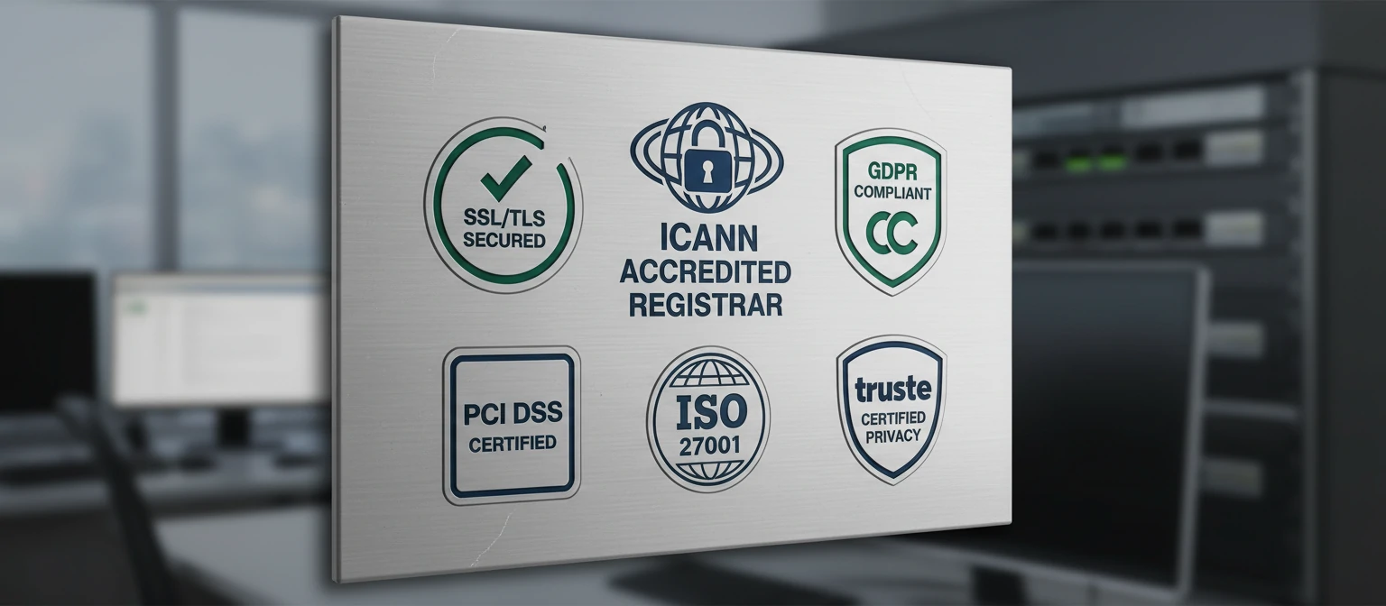 Security badges and certifications graphic (e.g., ICANN, SSL, GDPR compliance)