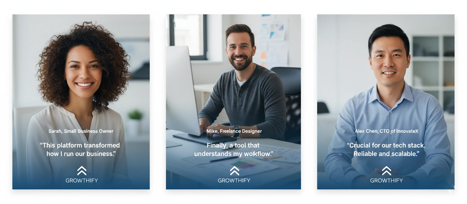 Series of user testimonial graphics with photos