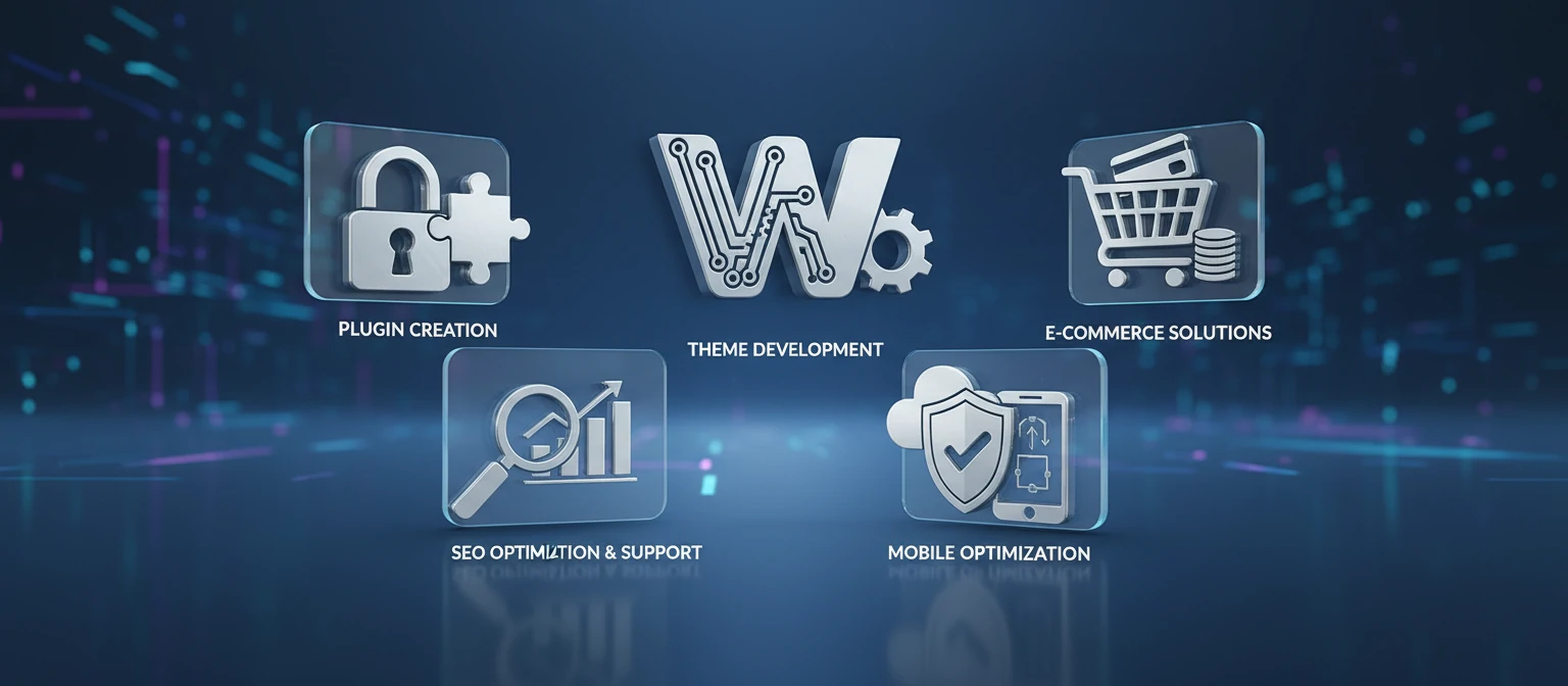 Service icons for theme development, plugin creation, e-commerce, and more