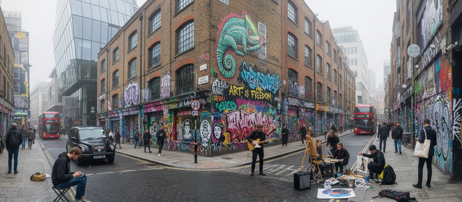 Shoreditch creative district in London with modern buildings