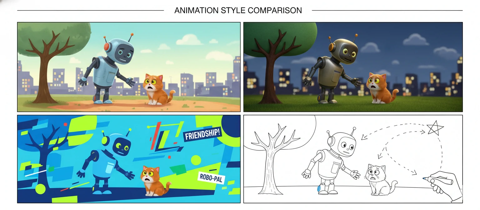 Side-by-side comparison grid showing the same scene rendered in different animation styles
