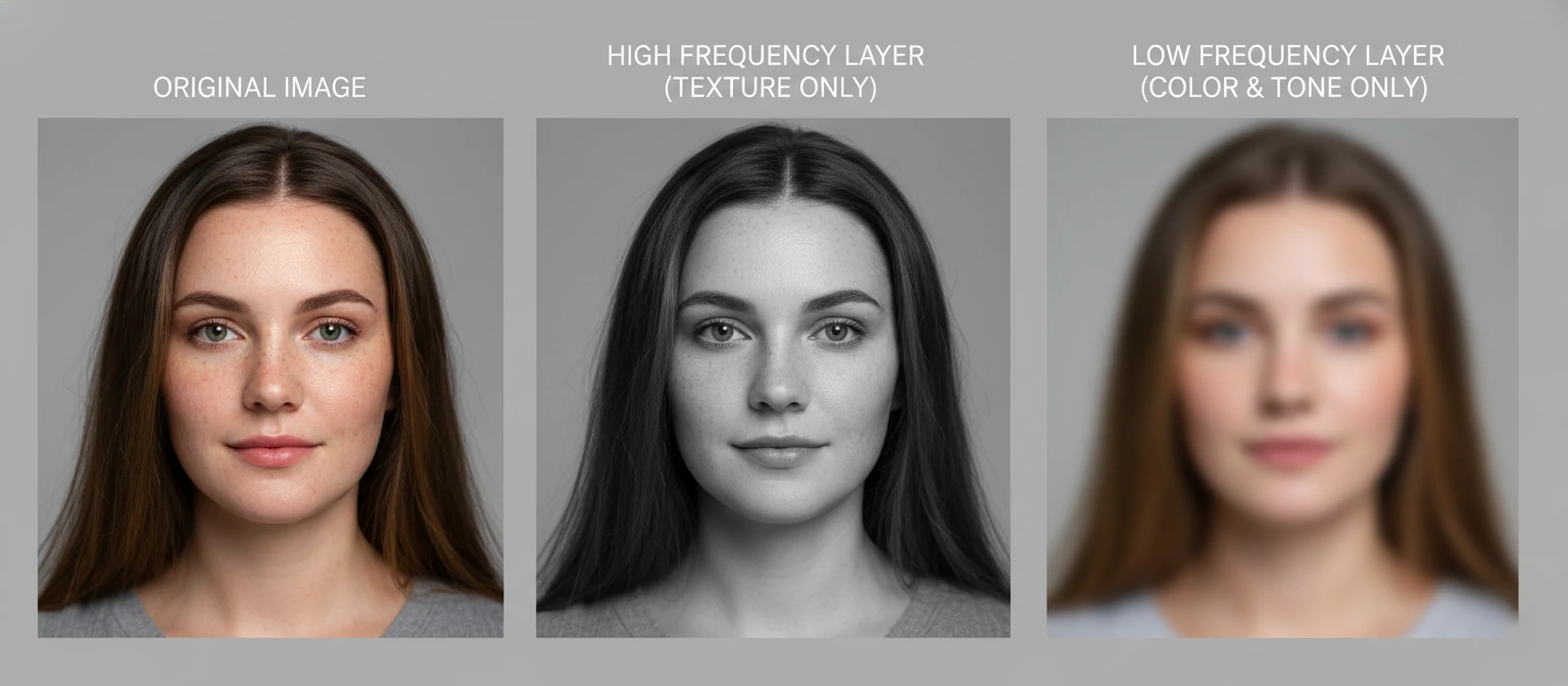 Side-by-side demonstration of frequency separation showing the original image, high frequency layer
