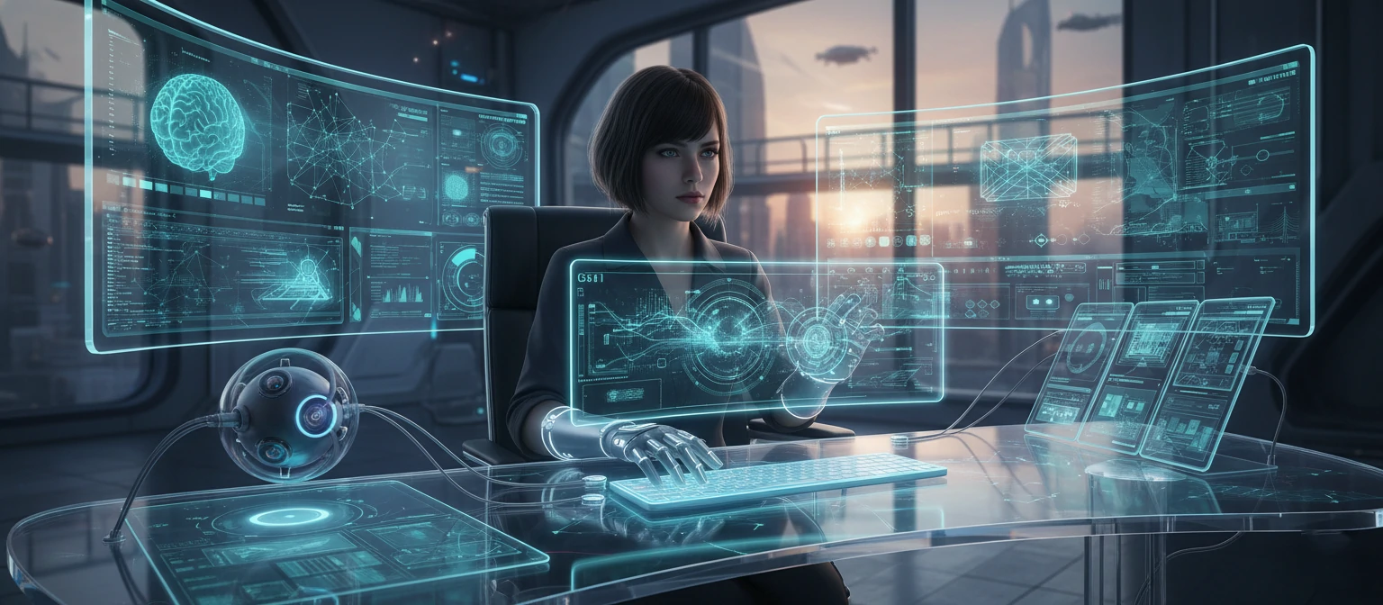 Sophia working with futuristic gadgets and AI software interfaces on her screens