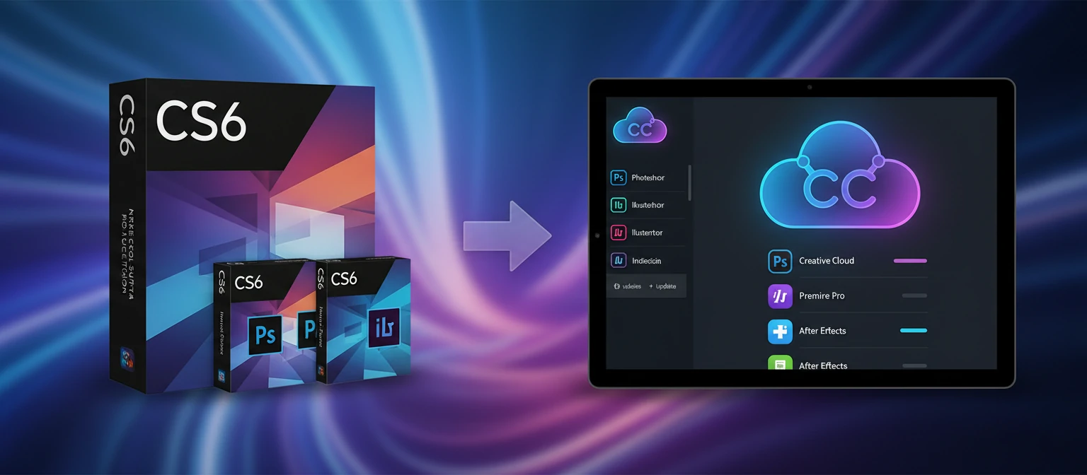 Split image showing the old Creative Suite 6 box art on the left transitioning