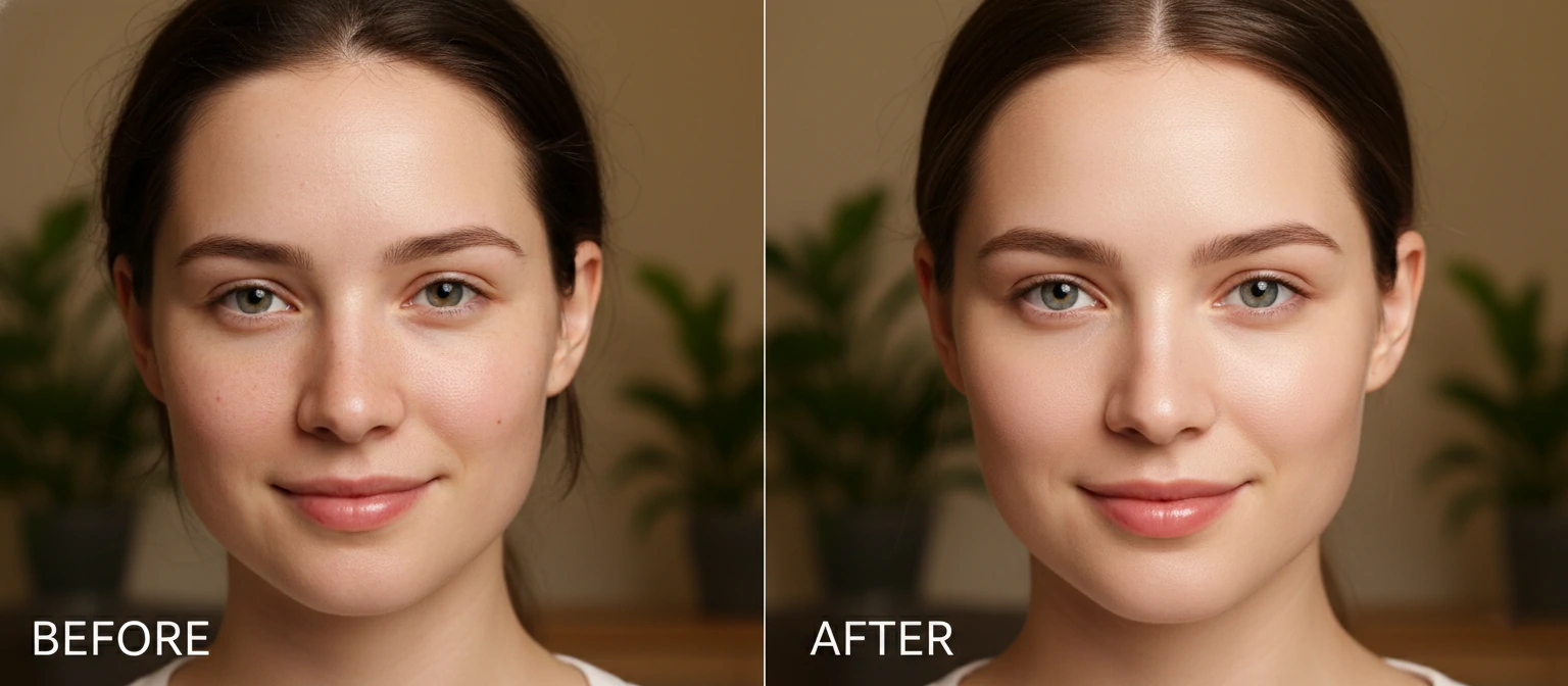 Split-screen comparison showing a before-after portrait retouching example
