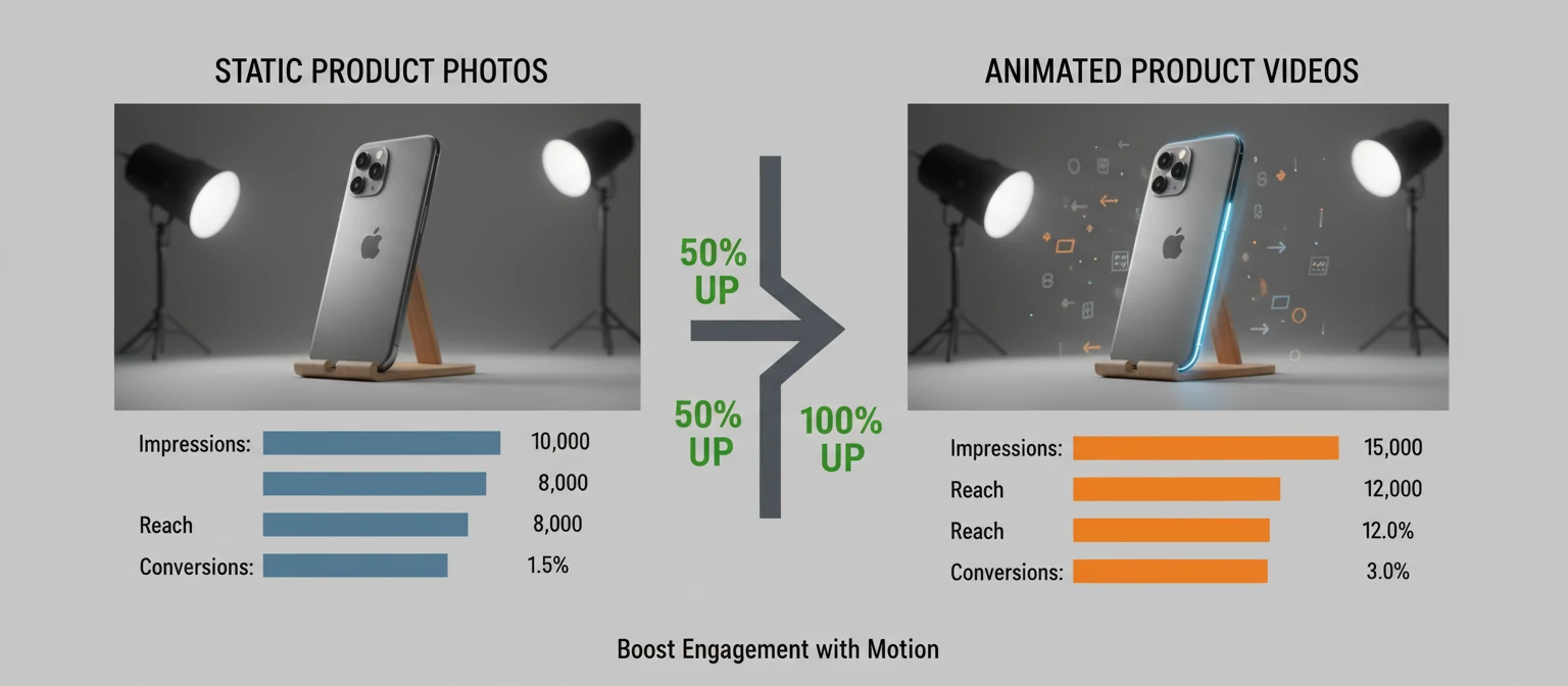 Split-screen comparison showing engagement metrics for static product photos vs. animated product videos~1
