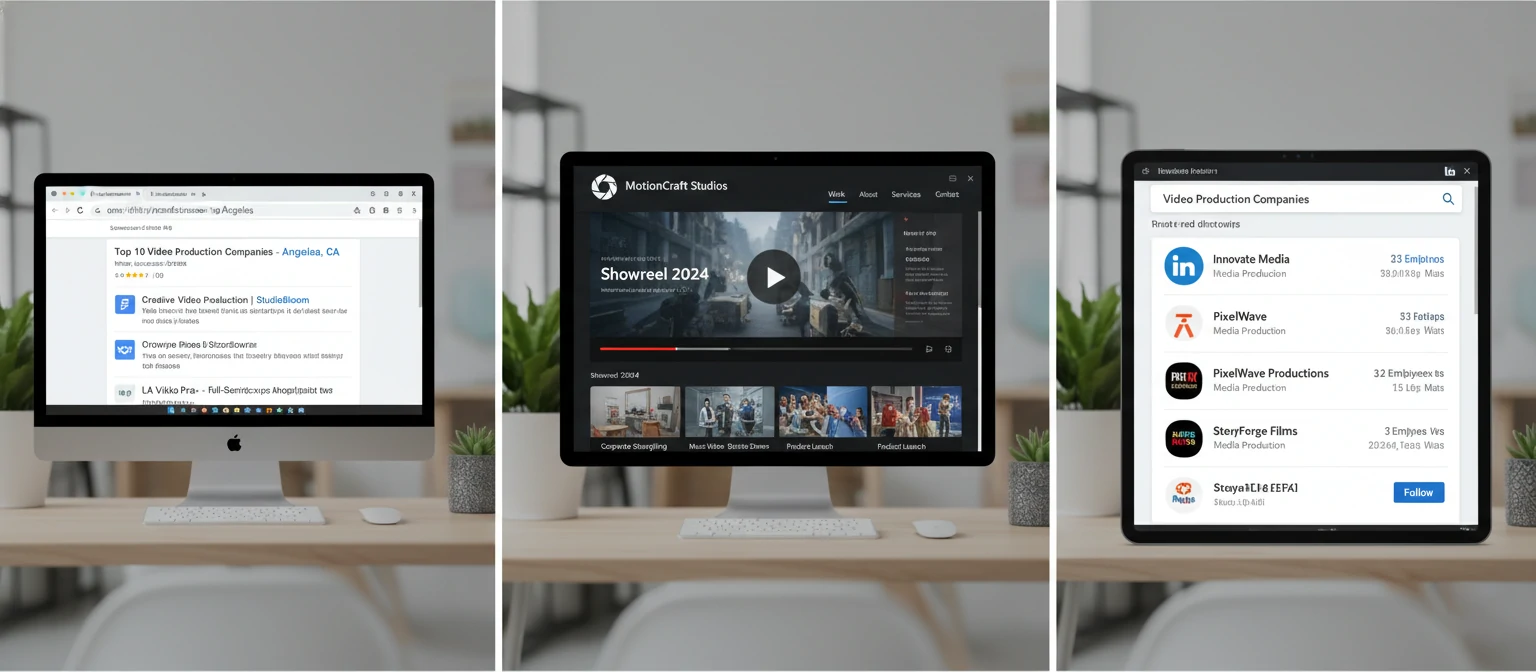 Split screen showing Google search results for video production, Vimeo portfolio page, and LinkedIn company search