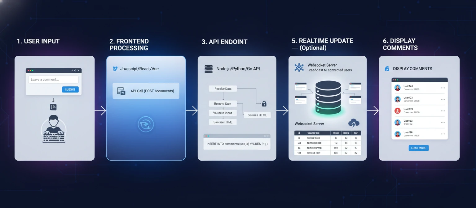 Step-by-step diagram of implementing a comment system