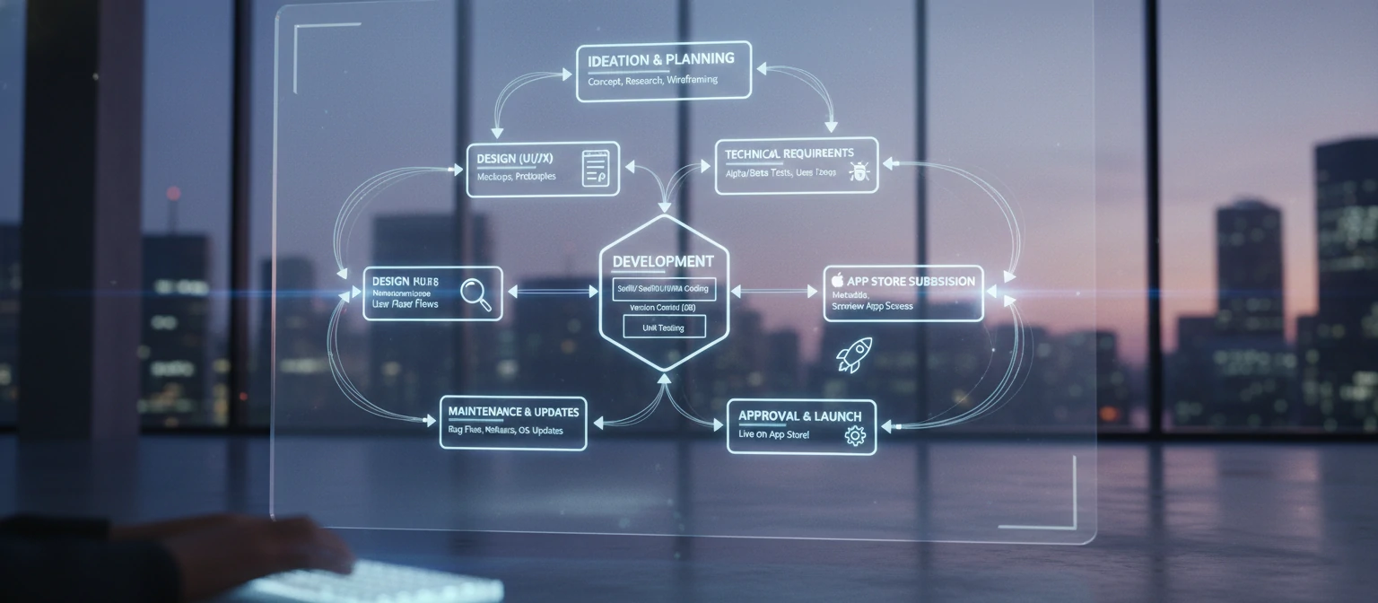 Step-by-step flowchart of the iOS app development lifecycle