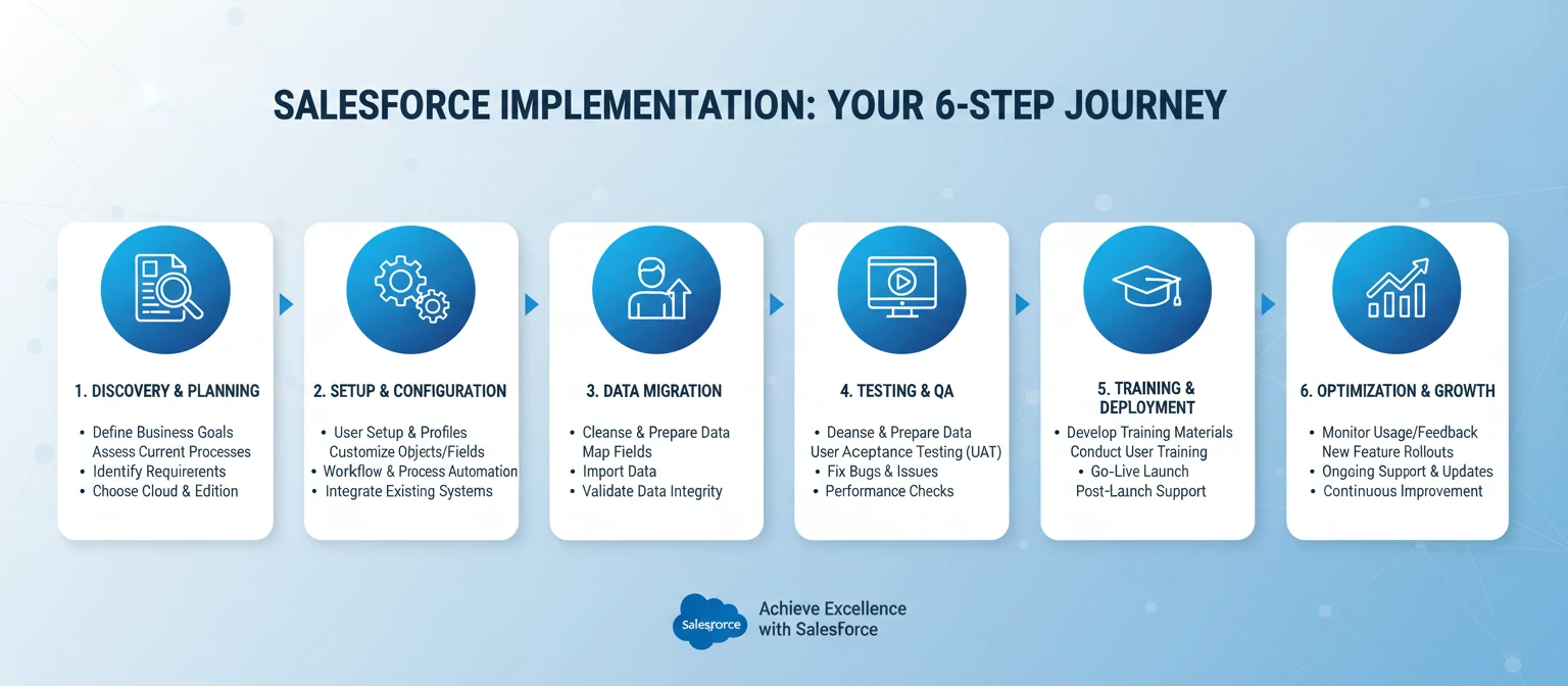 Step-by-step infographic for getting started with Salesforce implementation