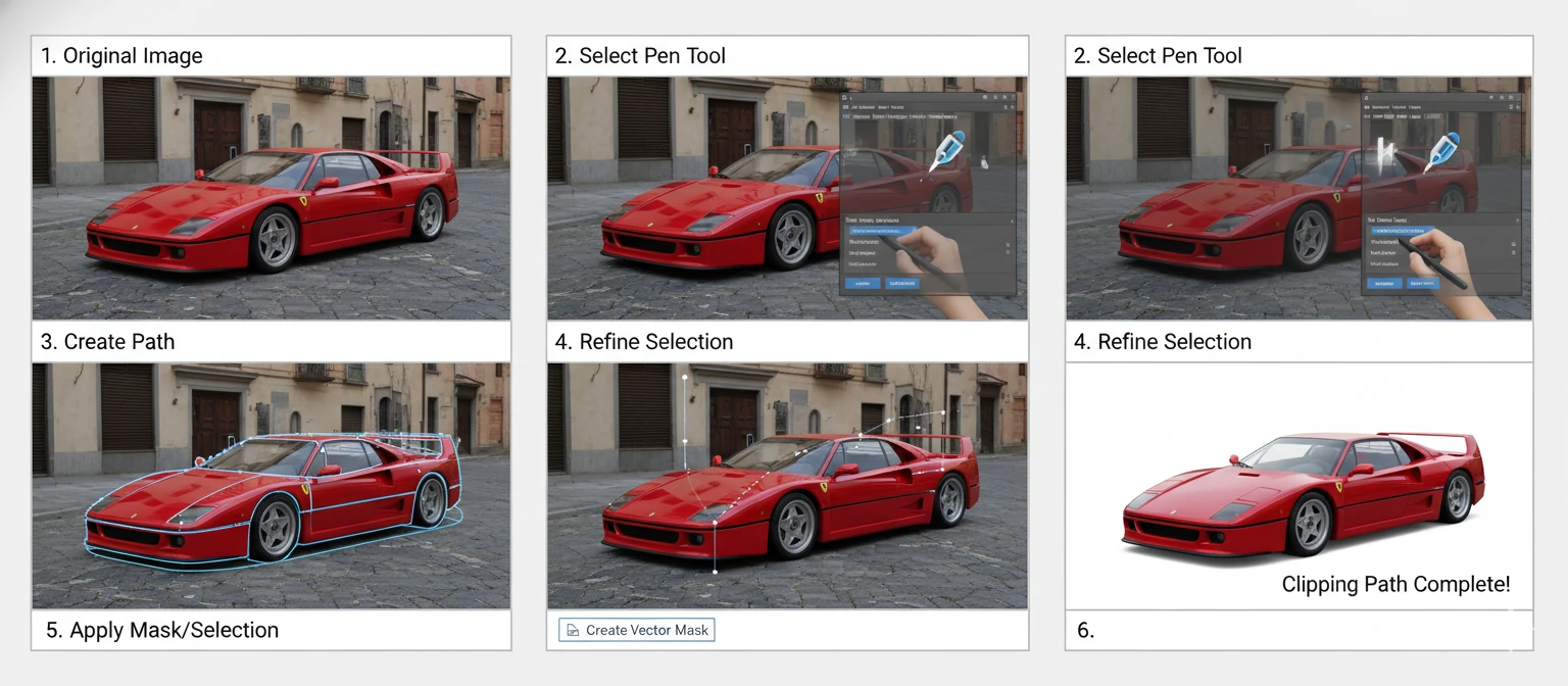 Step-by-step process of clipping path editing