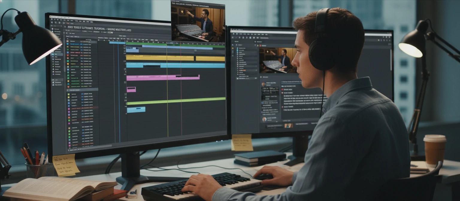 Student at computer workstation learning Pro Tools with headphones