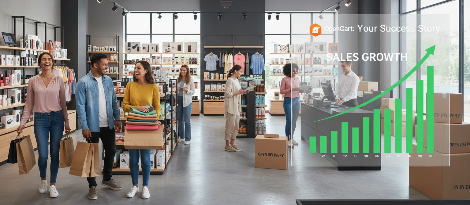 Successful OpenCart store with happy customers and growing sales graph
