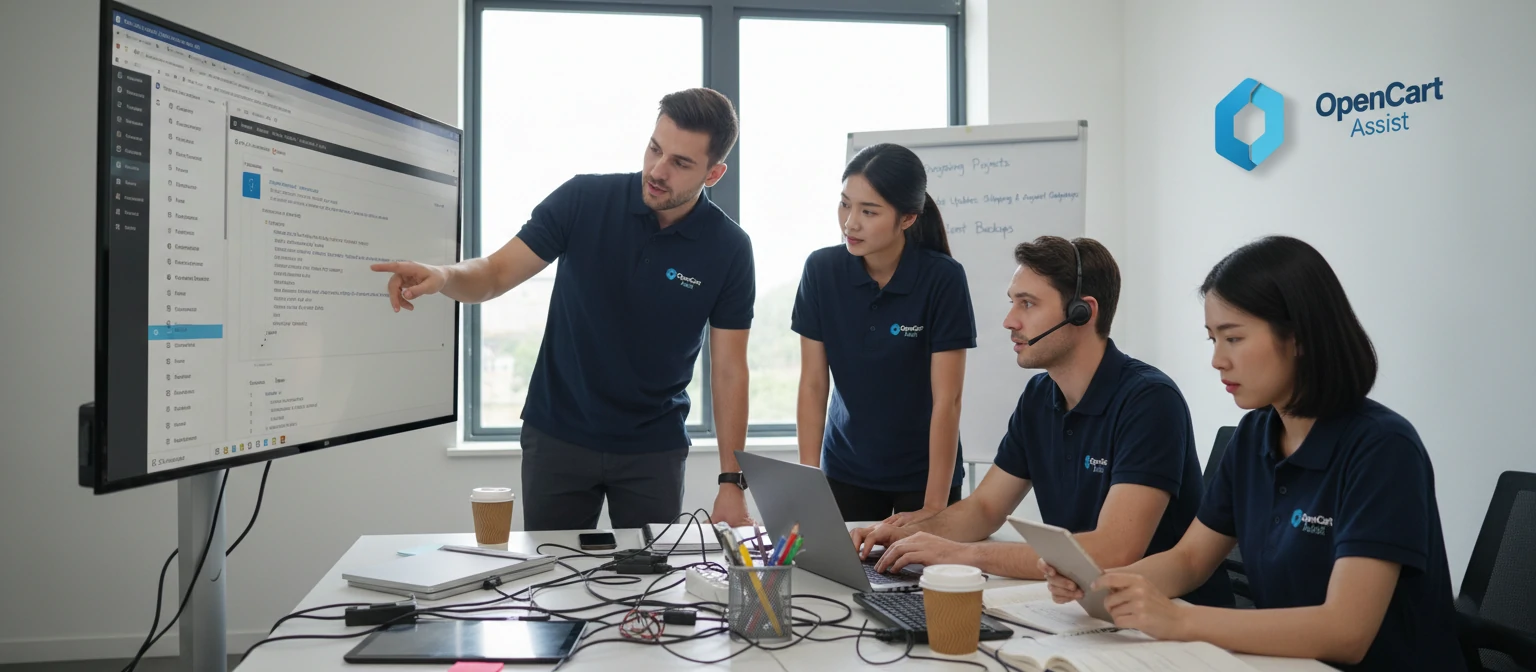 Support team working on OpenCart maintenance and updates