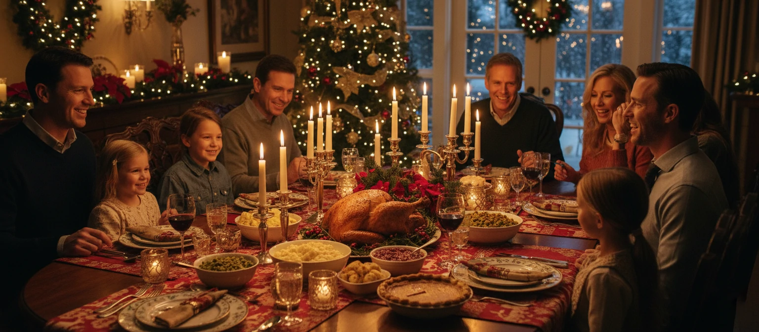 Table set with holiday meal, family seated, candles lit, festive tablecloth