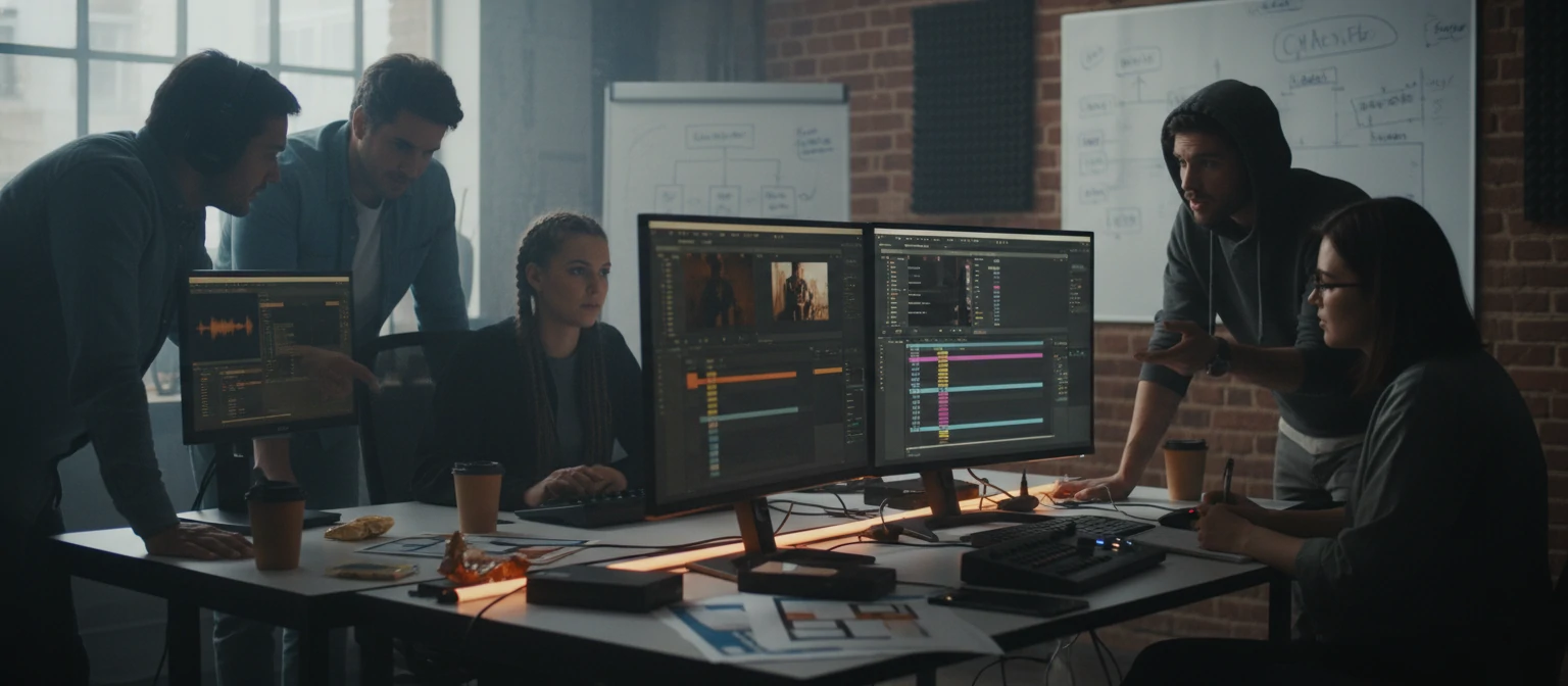 Team collaborating on video editing project