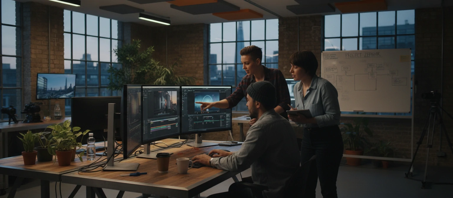 Team of video editors collaborating in London studio