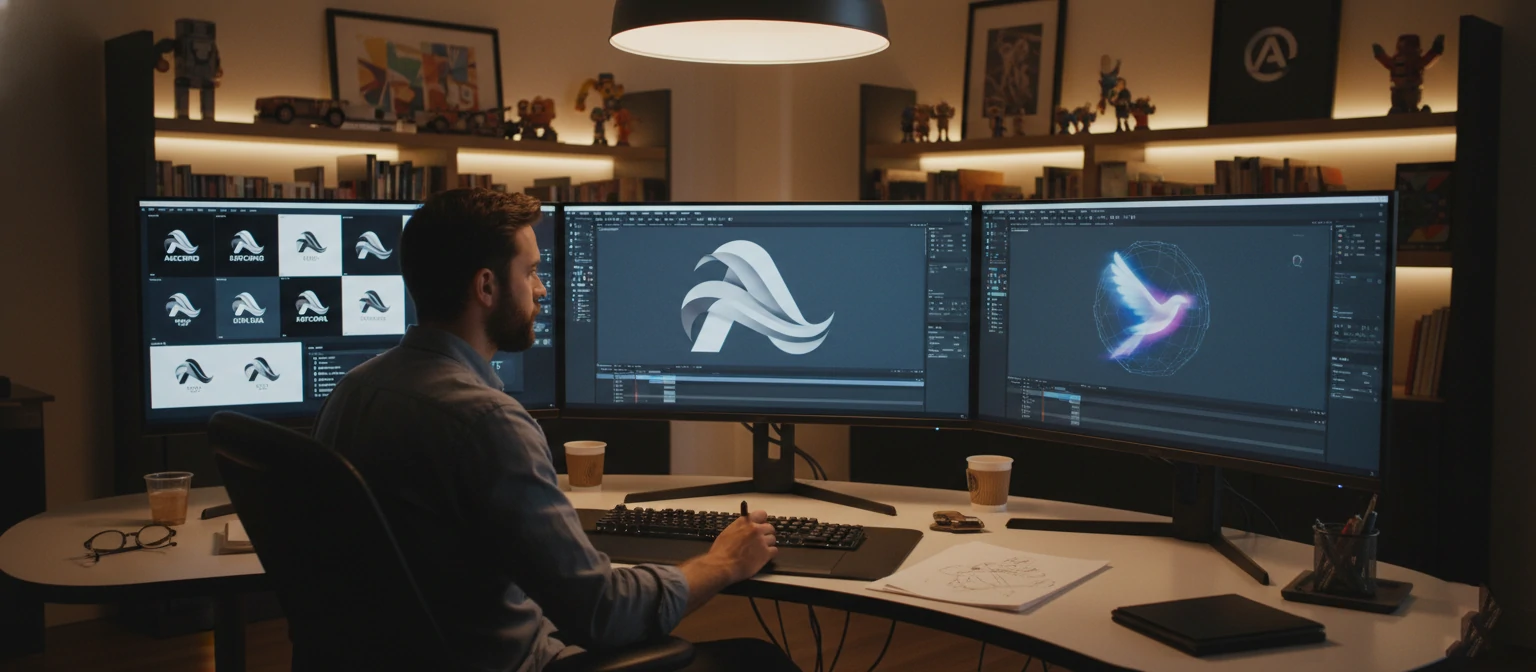 Thomas at his desk with animation software open, showing evolving logo designs on multiple screens