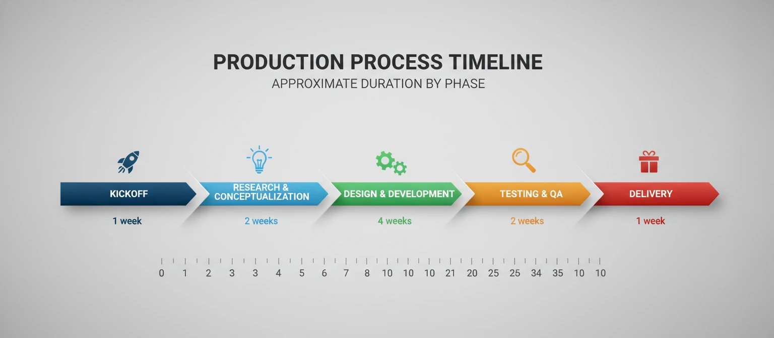 Timeline infographic showing the production process phases from kickoff to delivery with approximate duration bars for each stage
