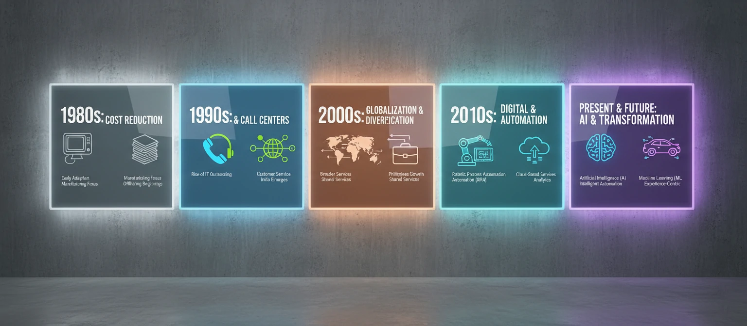 Timeline showing the evolution of business process outsourcing from 1980s to present
