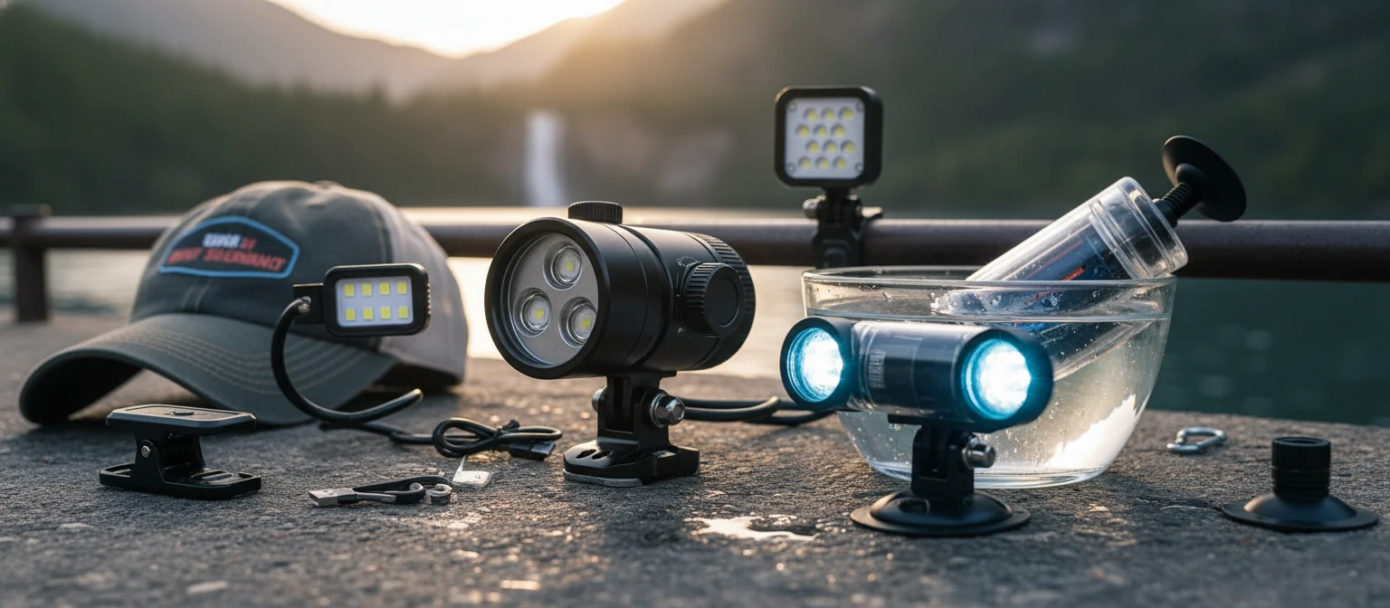 Various types of action camera flashlights including clip-on and dive models