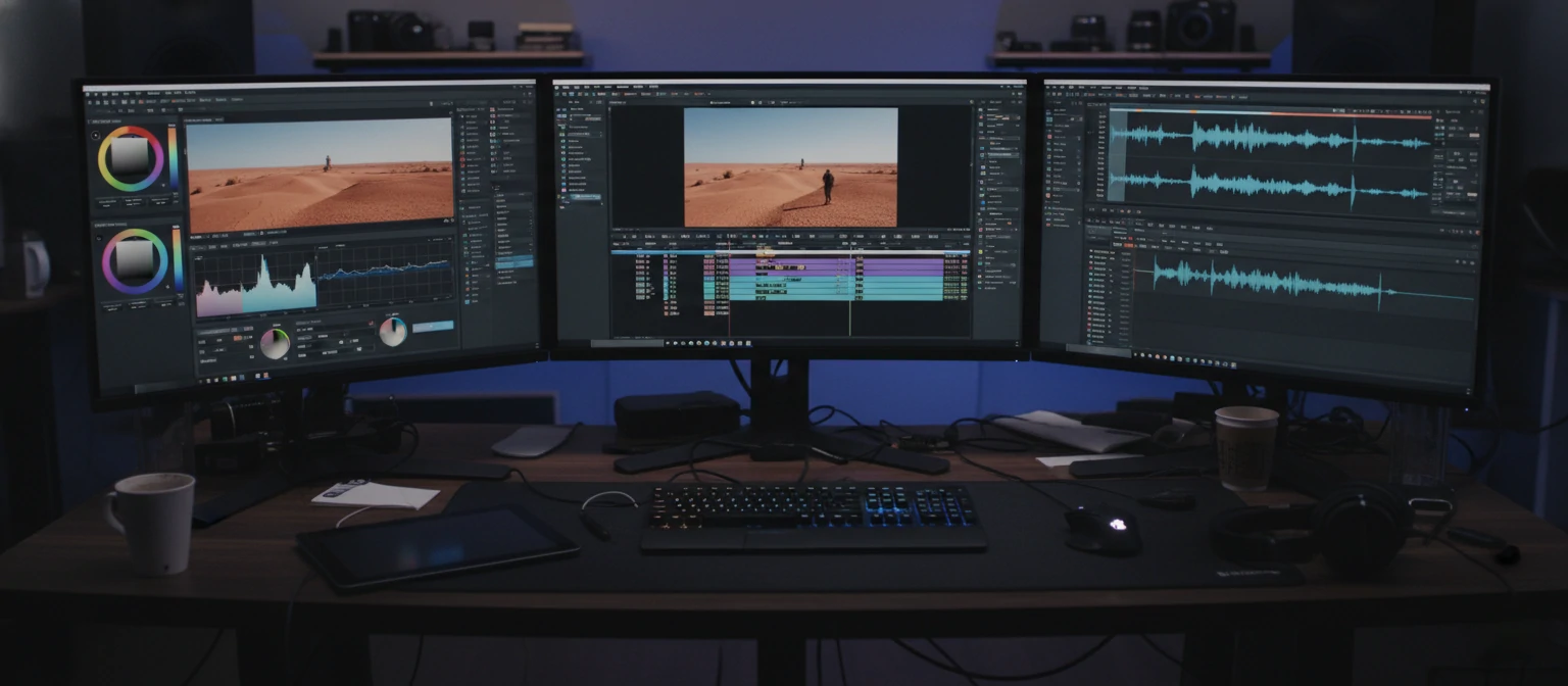 Various video editing software interfaces on multiple screens
