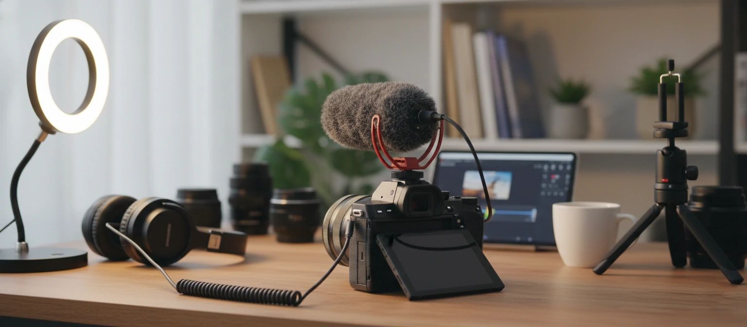 Various vlogging equipment including camera, microphone