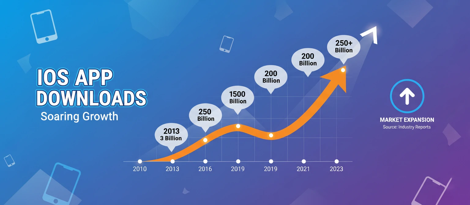 Vibrant infographic showing iOS app downloads skyrocketing over the years