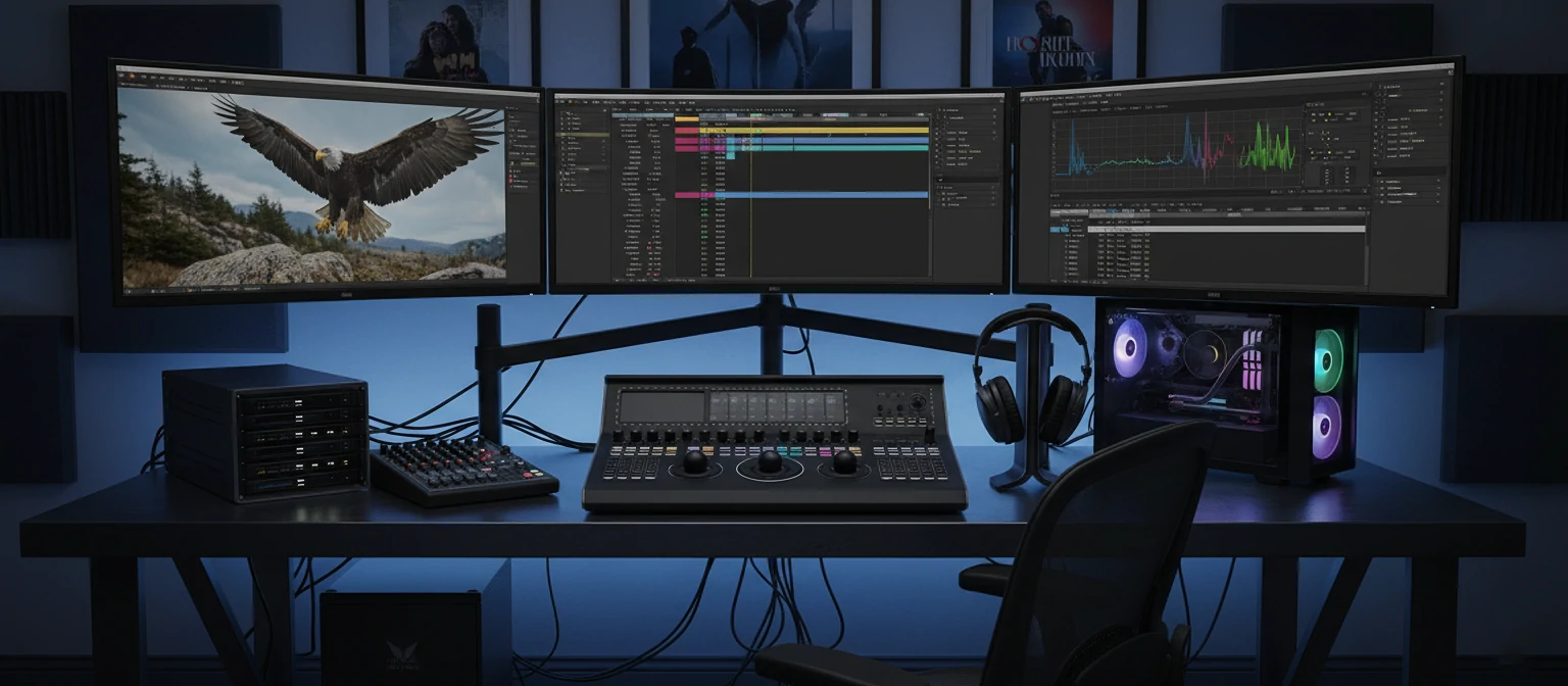 Video editing workstation with professional equipment