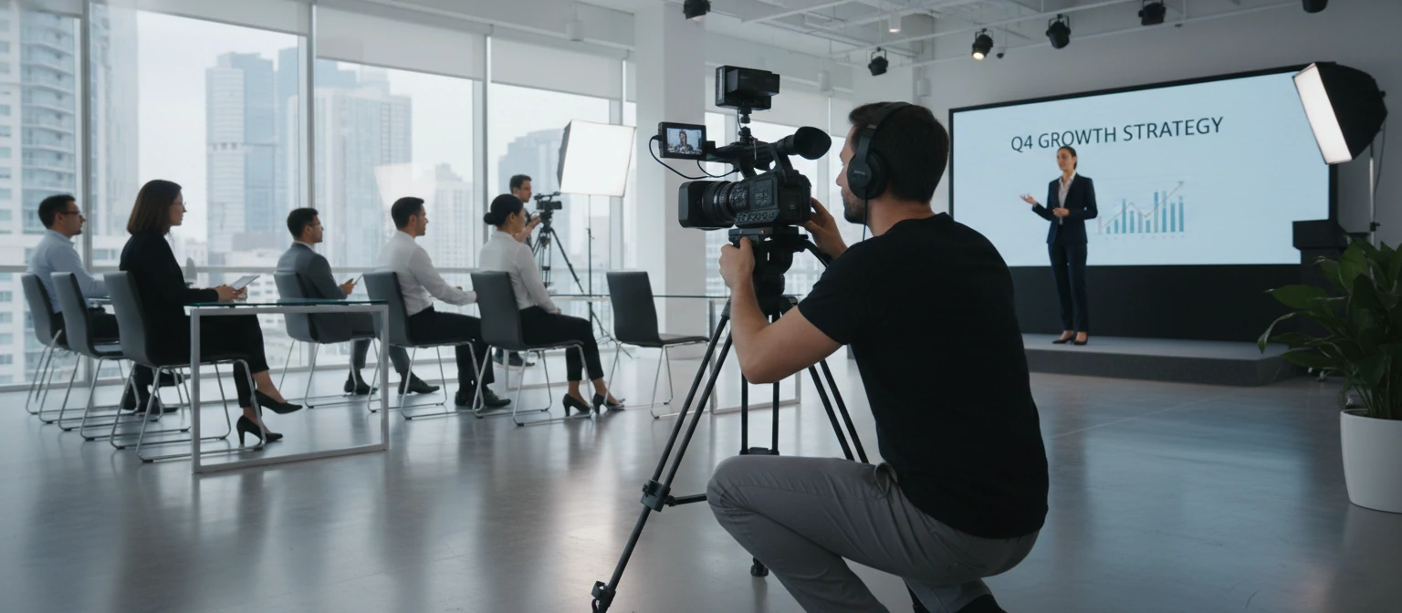 Videographer filming a corporate presentation in a modern office setting