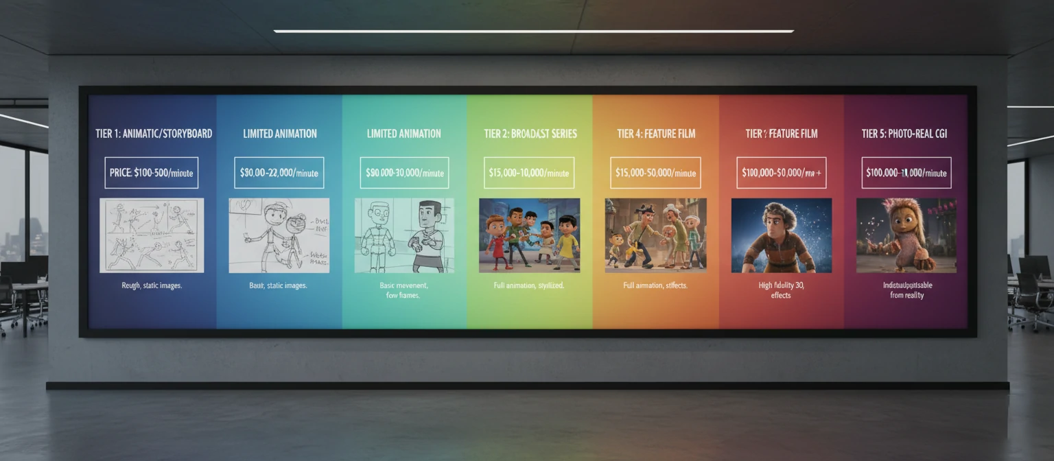 Visual budget scale showing different animation quality levels with corresponding price ranges and example frames from each tier~1