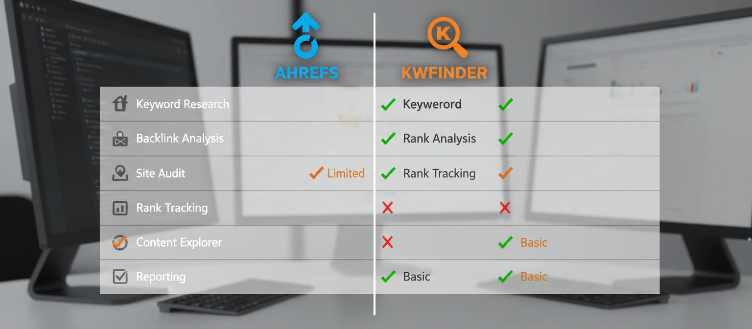 Visual comparison chart of Ahrefs and KWfinder features