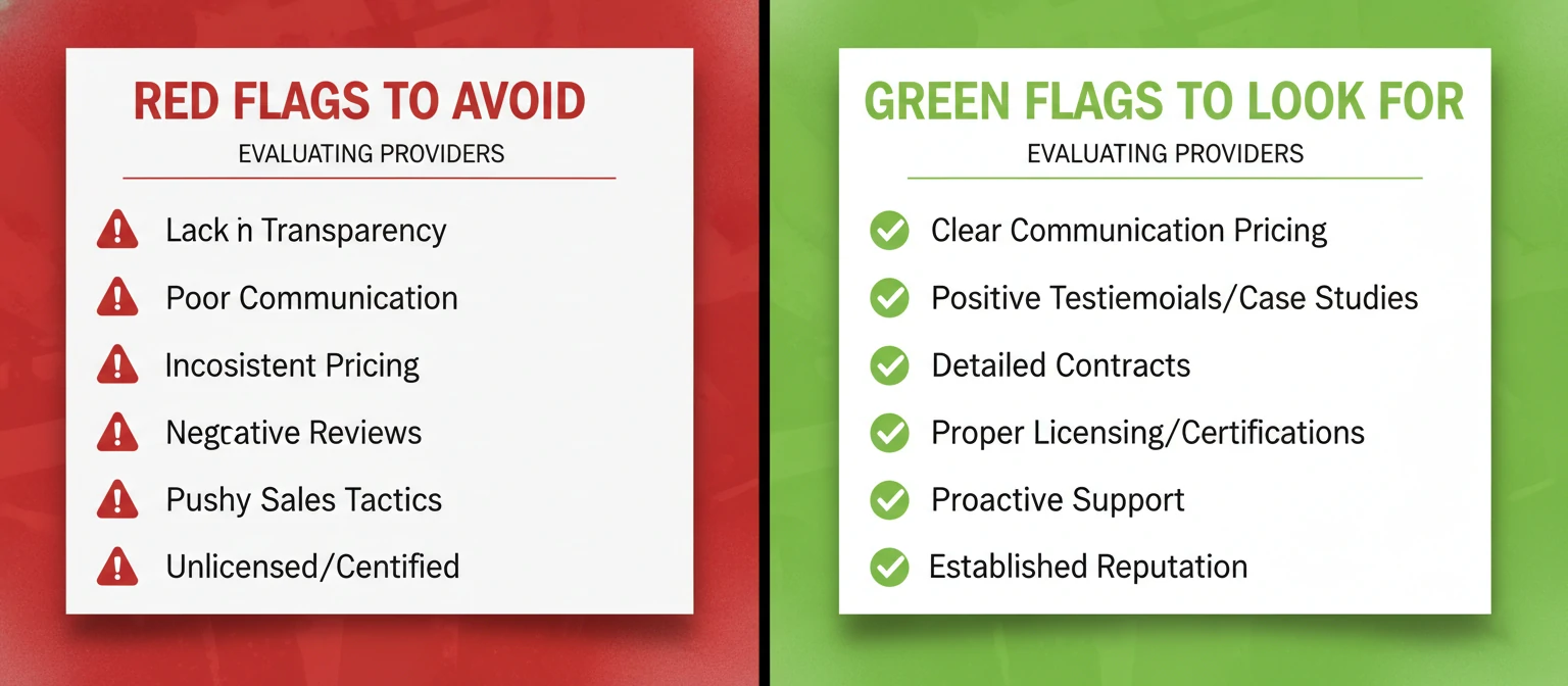 Visual comparison red flags column vs. green flags column, showing what to avoid and what to look for when evaluating providers