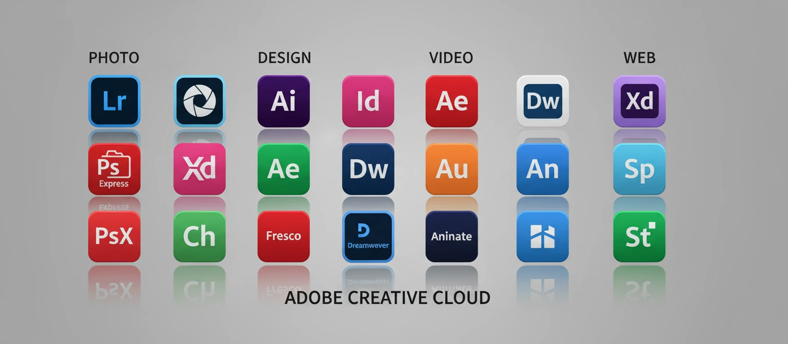 Visual grid showing all Creative Cloud app icons organized by category