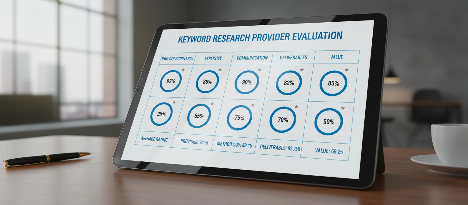 Visual scorecard template for evaluating keyword research providers with rating categories