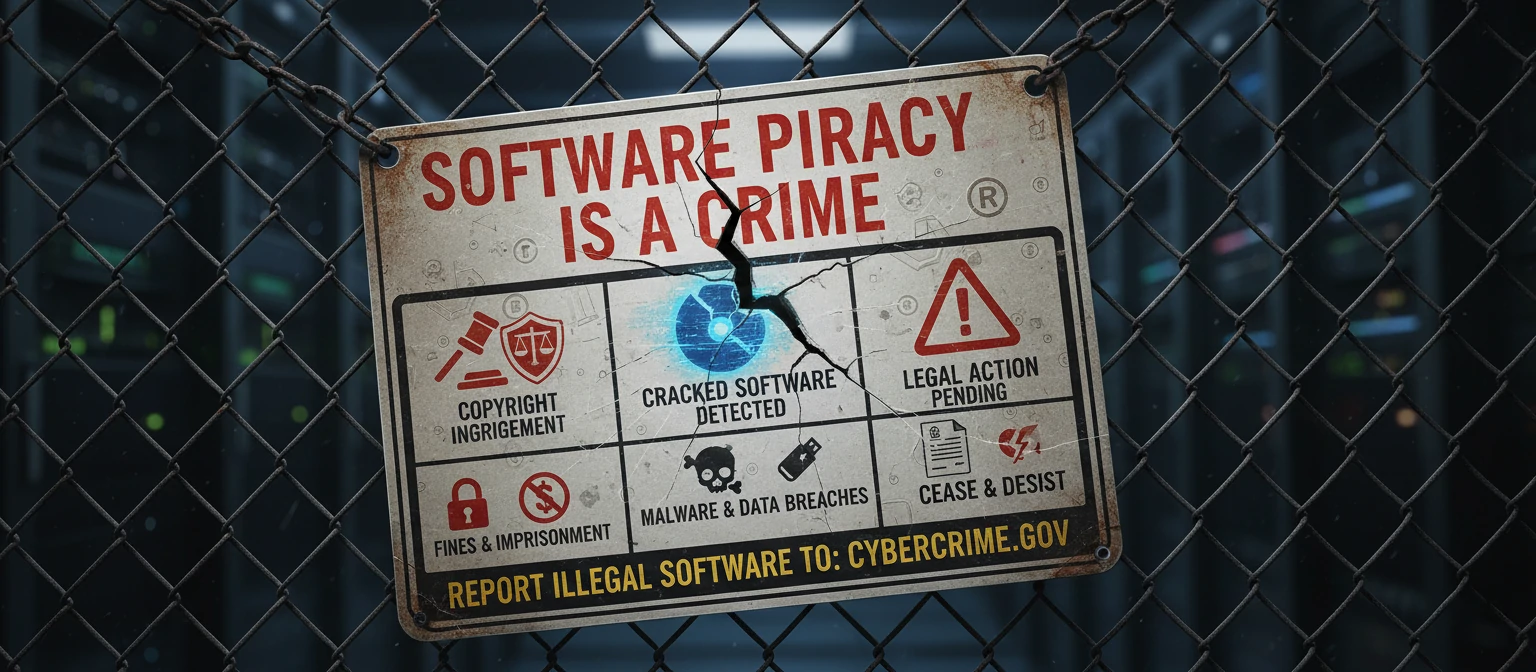 Warning sign with legal symbols and cracked software
